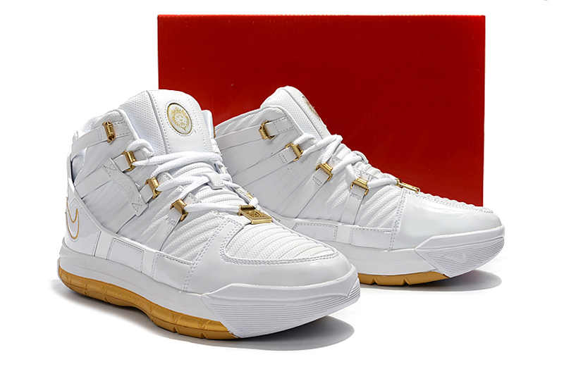 Men Nike Lebron James III Retro White Gold Shoes